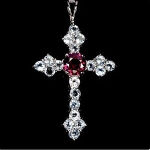 Elegant natural Aquamarine & Garnet 925 Sterling Silver Cross Pendant w/ chain
